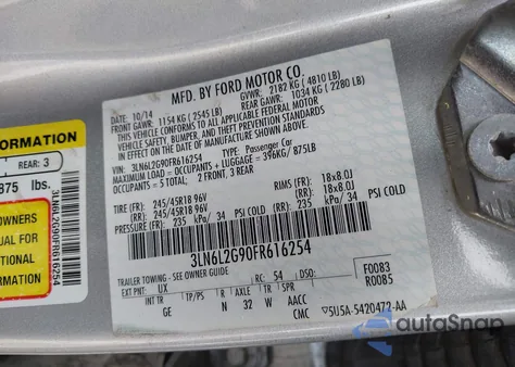 2015 Lincoln Mkz z USA, uszkodzony, nr VIN 3LN6L2G90FR616254